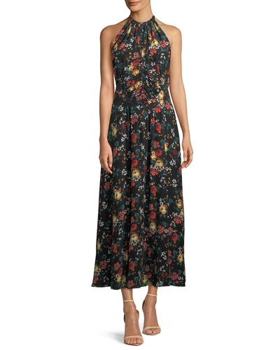 Derek Lam Sleeveless Ruched-waist Floral-print Long Silk Dress