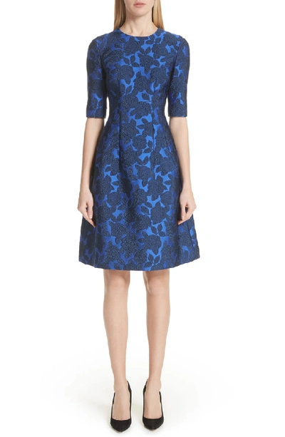 Lela Rose Holly Floral-jacquard Elbow-sleeve A-line Dress In Cobalt