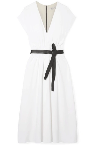 Narciso Rodriguez Crepe Jersey V-neck Short-sleevei Dress W/ Lambskin Belt In White