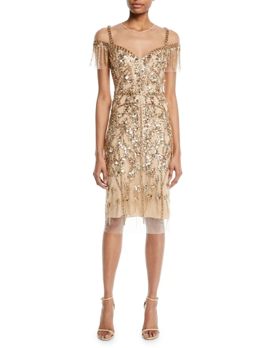 Pamella Roland Round-neck Beaded-embellished Illusion Sheath Cocktail Dress In Gold
