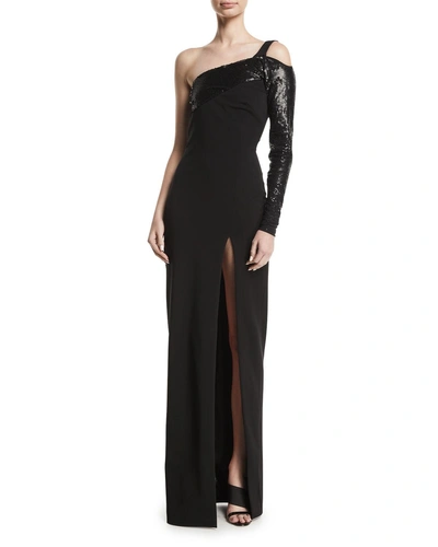 Cushnie Et Ochs Sequin-top One-sleeve High Slit Gown In Black
