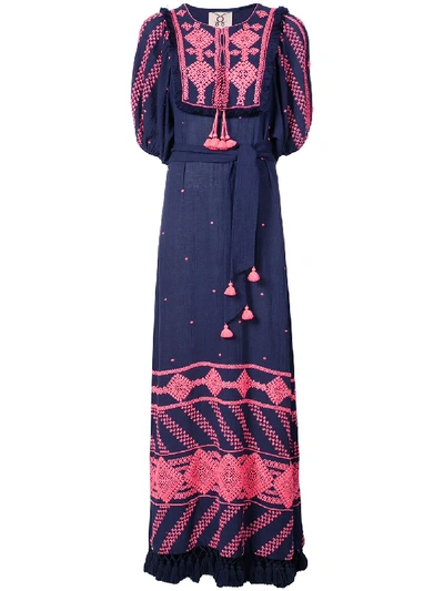 Figue Mela Short-sleeve Tie-waist Embroidered Cotton Gauze Long Dress In Navy