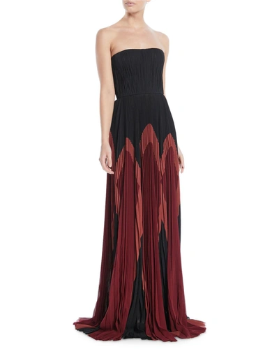 J Mendel Strapless Plisse Silk Colorblock Gown In Black/red