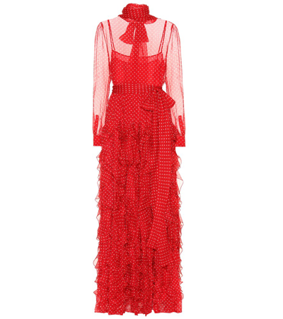 Valentino Long-sleeve Tie-neck Polka-dot Ruffled Chiffon Evening Gown In Red