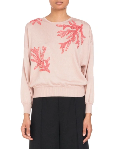 Andrew Gn Coral-sequin Embroidery Crewneck Knit Sweater In Pink