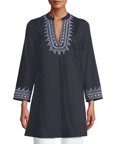 Le Sirenuse Charlotte V-neck Long-sleeve Cotton Tunic W/ Embroidery In Dark Blue