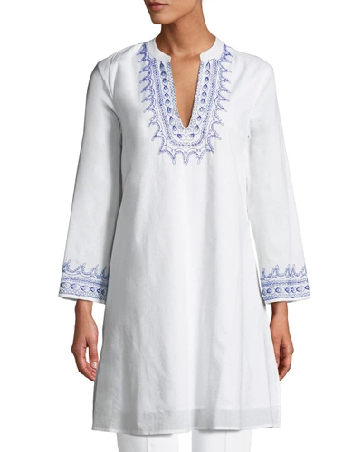 Le Sirenuse Charlotte V-neck Long-sleeve Cotton Tunic W/ Embroidery In White/blue