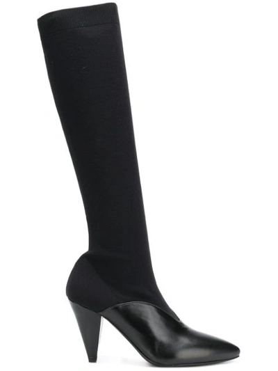 Prada 90 Stretch-knit And Leather Knee Sock Boots In Black