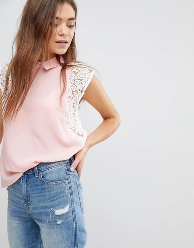After Market Lace Contrast Top With Collar - Pink
