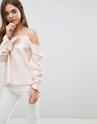 After Market Cold Shoulder Top With Bow Cuff Details - Pink