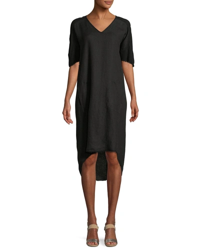 Xcvi Raw-edge High-low Linen Dress In Black