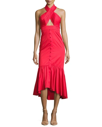 Johanna Ortiz Poplin Crisscross Halter Midi Dress, Red