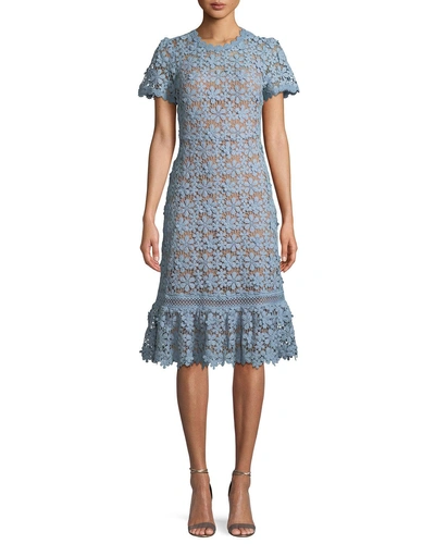 Michael Michael Kors Mixed-lace Short-sleeve Dress In Chambray