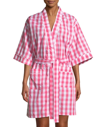 Bedhead Gingham Cotton Kimono Robe In Pink/white