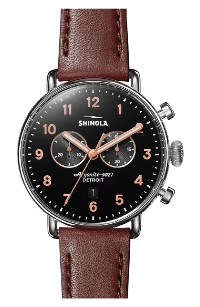 Shinola Men's 43mm Canfield Chronograph Watch With Brown Leather Strap In Dark Cognac/ Black/ Silver