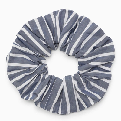 Ganni White/grey Striped Scrunchie With Logo In Light Blue