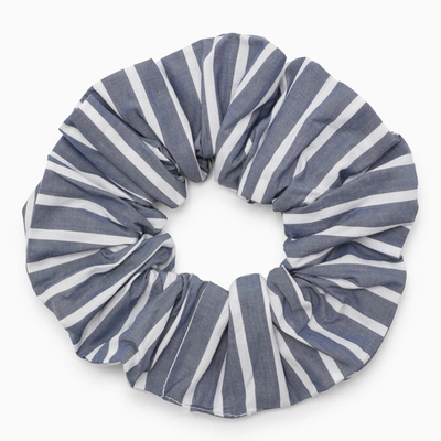 Ganni | White/grey Striped Scrunchie With Logo In Light Blue