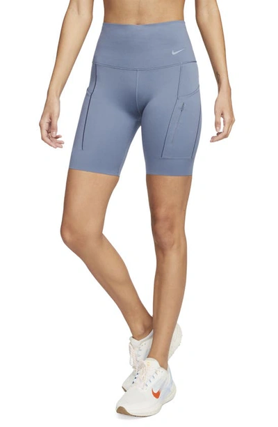 Nike Women's Go Firm-support High-waisted 8" Biker Shorts With Pockets In Diffused Blue/black
