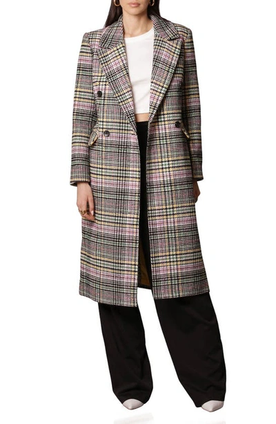 Avec Les Filles Plaid Double Breasted Coat In Black Multi Plaid