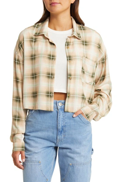 Bp. Plaid Crop Button-up Shirt In Green- Ivory Plaid