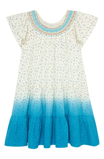 Peek Aren't You Curious Kids' Floral Smocked Tiered Dip Dye Dress In Blue/ Ivory Print