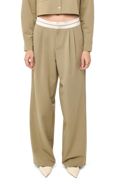 Wayf Contrast Waist Wide Leg Pants In Light Olive