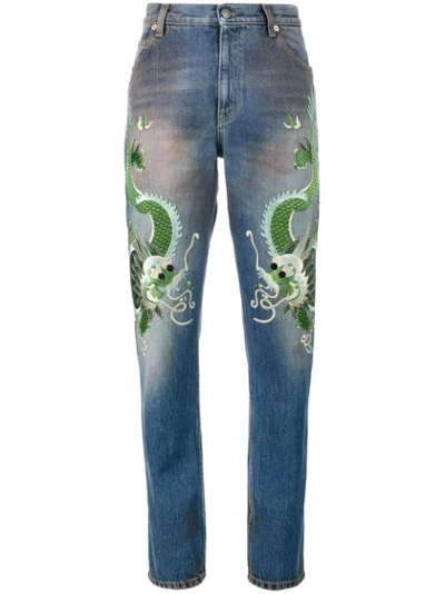 Gucci High-waist Marble-washed Straight-leg Denim Jeans W/ Assorted Embroidery In Blue