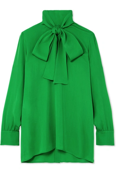 Gucci Button-back Long-sleeve Scarf-neck Silk Satin Georgette Blouse In Tropical Green