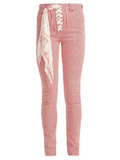 Rockins Lace-up Striped High-rise Skinny Jeans In Red And White