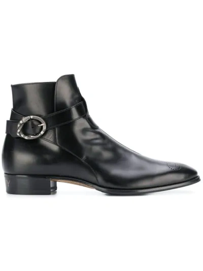 Gucci Leather Ankle Boot With Kingsnake Buckle In Black