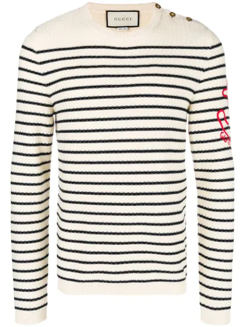 Gucci Men's Striped Wool Crewneck Sweater With Snake In 9169 Cream |  ModeSens