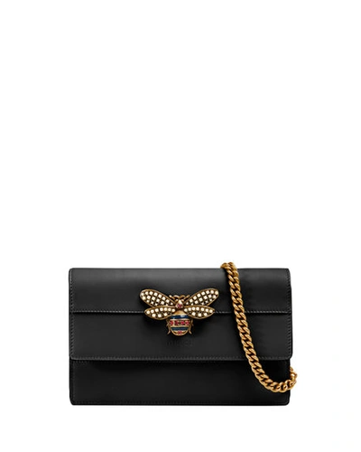 Gucci Queen Margaret Leather Bee Wallet On Chain Bag In Black
