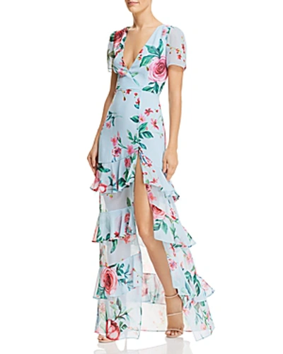 Fame And Partners Pearl Faux-wrap Floral Gown In Sky Floral