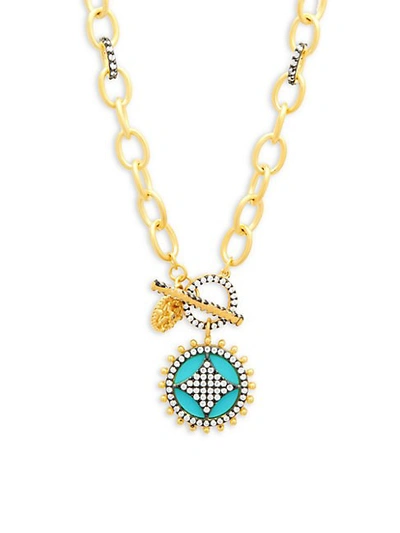 Freida Rothman Turquoise, Crystal And Sterling Silver Wheel Cafe Pendant Necklace In Gold