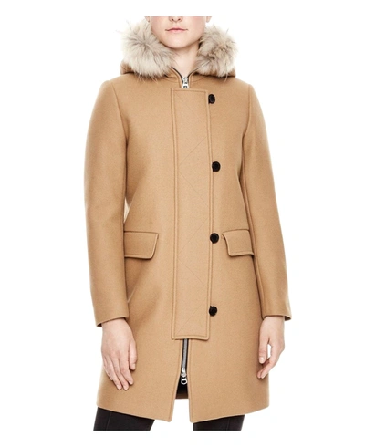 Sandro Women's Camel Kurt Wool Coat Fur Trim Women's Hood In Beige