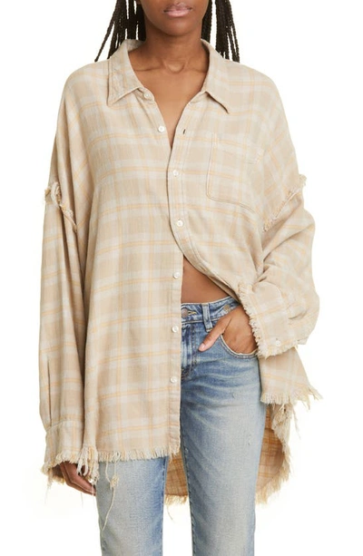 R13 Shredded Seam Drop Neck Oversize Plaid Cotton Flannel Shirt In Khakioverdyeplaid