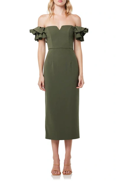 Elliatt Creole Off The Shoulder Sheath Midi Dress In Olive