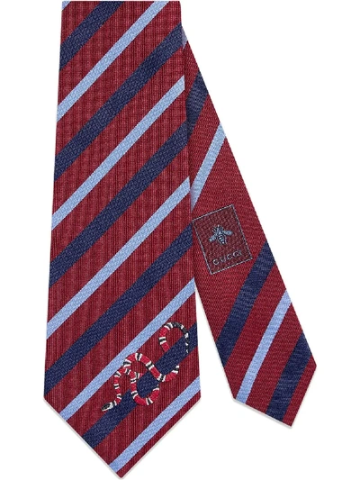 Gucci Striped Silk Tie With Kingsnake In Red