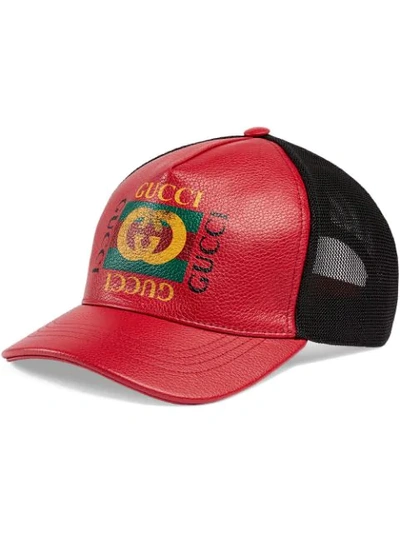 Gucci Vintage Logo Leather Ball Cap - Black In Red