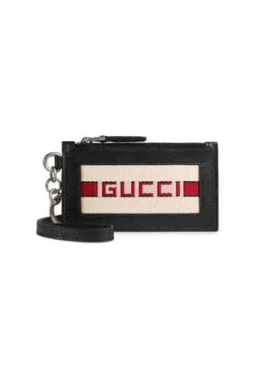 Gucci Logo-jacquard Leather Cardholder Key Ring In Black
