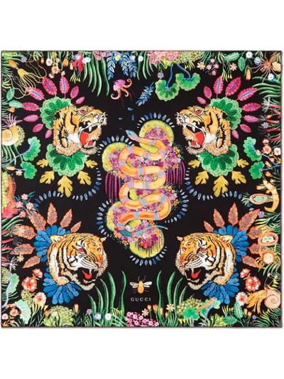Gucci Tigers And Kingsnake Print Silk Scarf In Black