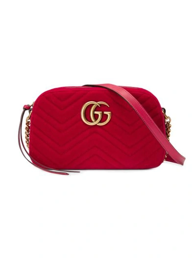 Gucci Small Gg Marmont 2.0 Matelasse Velvet Shoulder Bag - Red In Hibiscus Red/ Hibiscus Red