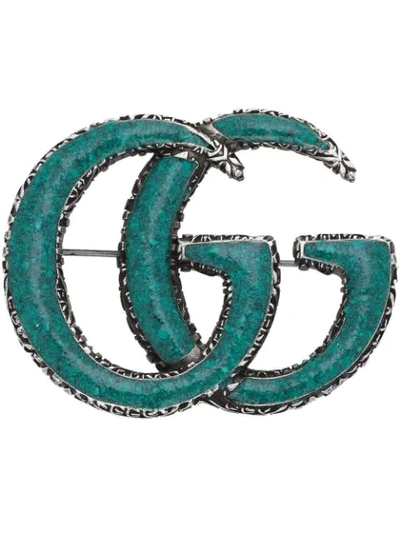 Gucci Double G Sterling Silver And Turquoise Brooch In Metallic