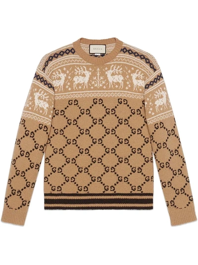 Gucci Gg And Reindeer Jacquard Wool Sweater In Neutrals