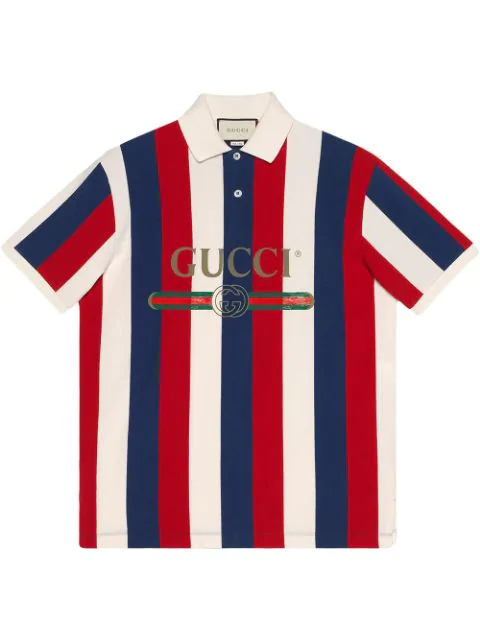 Gucci Logo-print Striped Cotton-piqué Polo Shirt In Blue | ModeSens