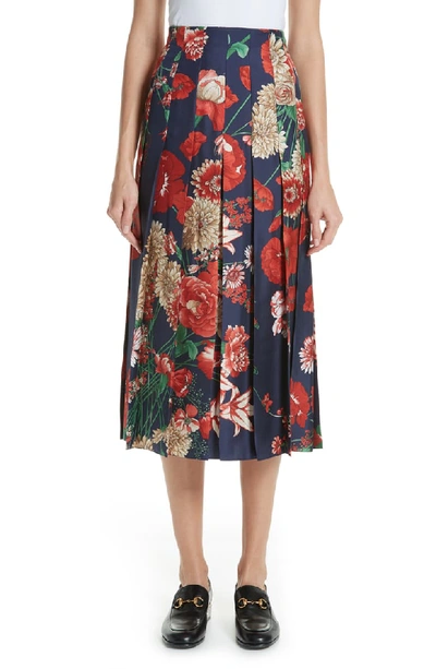 Gucci Spring Bouquet Print Silk Pleated Skirt In Blue/ Red Print