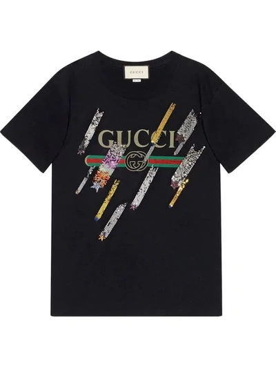 Gucci Sequin-embellished Logo-print Cotton T-shirt In Black