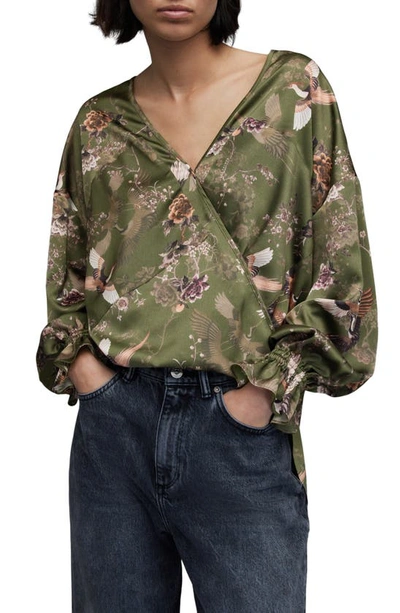 Allsaints Penny Peggy Printed Satin Top In Green