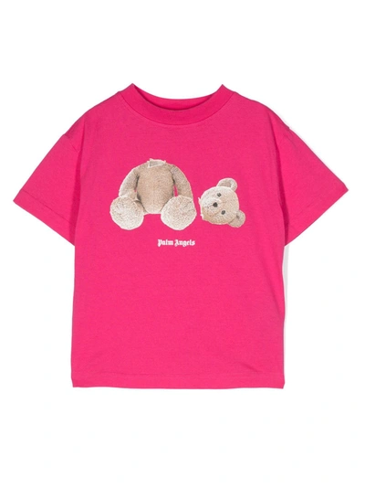 Palm Angels Kids' Logo-print Cotton T-shirt In Fuchsia Br