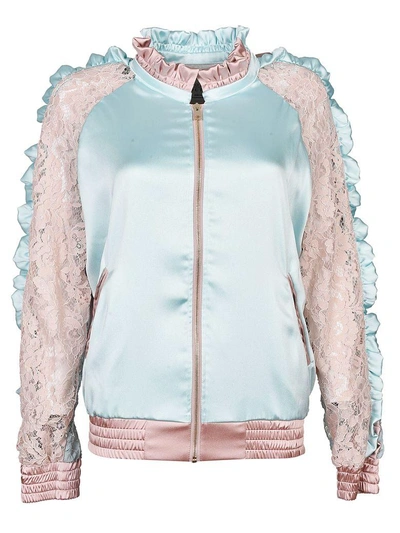 Forte Couture Floral Lace Bomber In Light Blue/pink